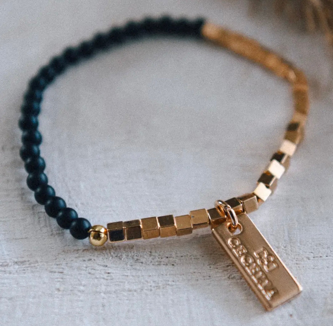 Bracelet - Black Agate Half and Half Gold Bracelet
