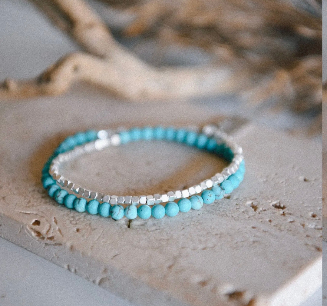Turquoise Gemstone Double Wrap Silver Beaded Bracelet