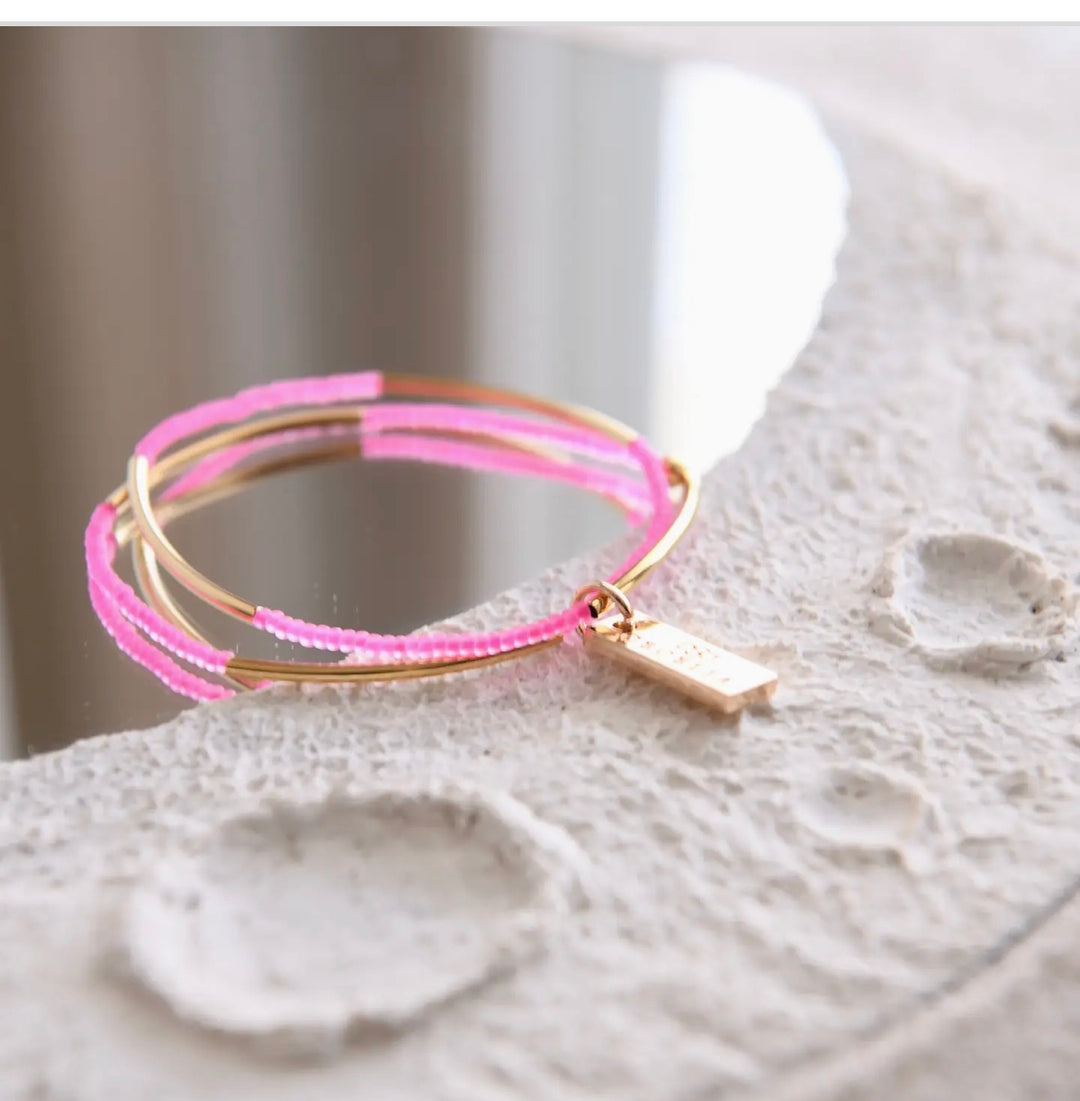 Pink Seed Bead and Gold Tube Bead Double Wrap Bracelet