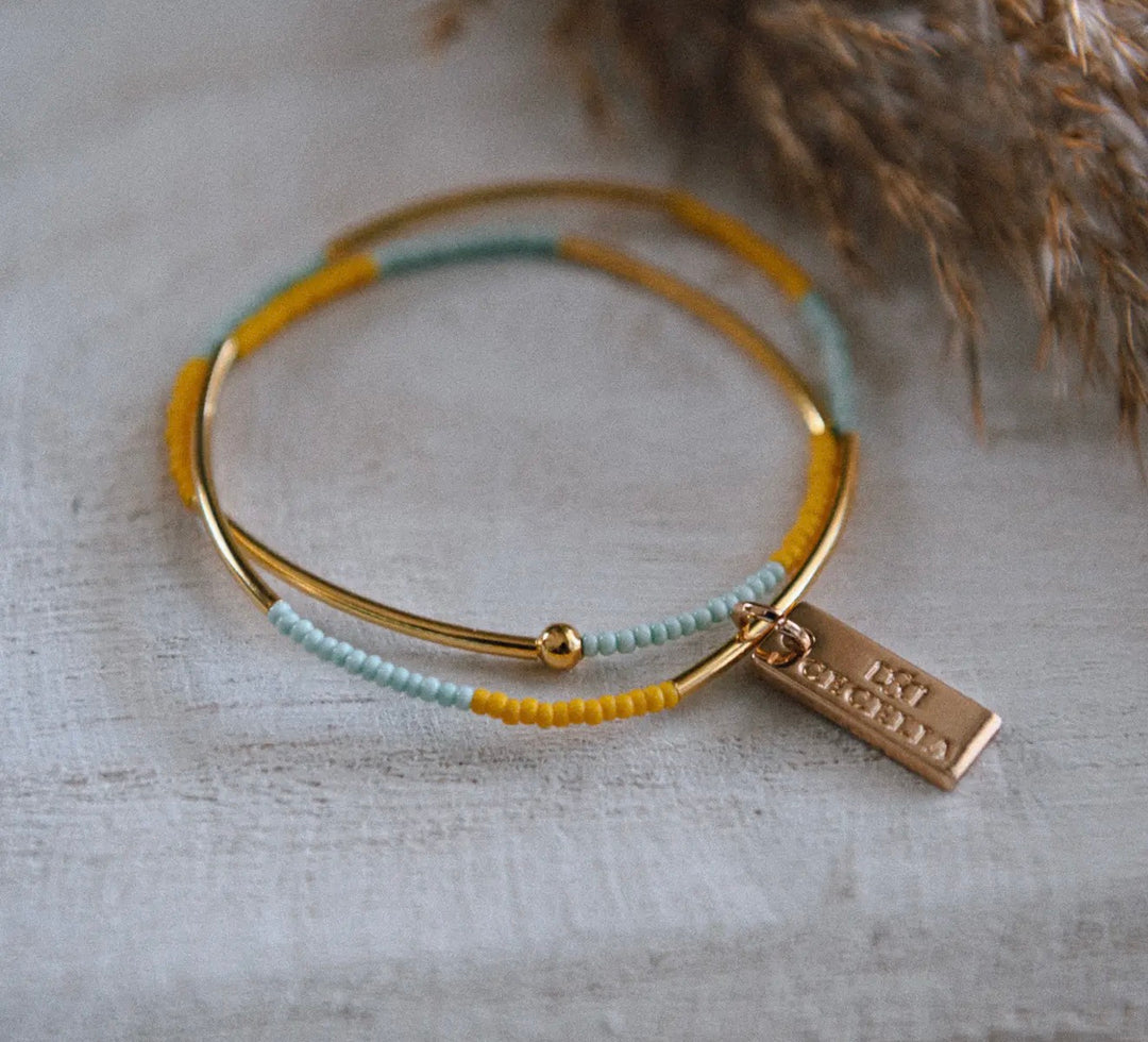 Honey & Teal Seed Bead and Gold Tube Bead Double Wrap Bracelet