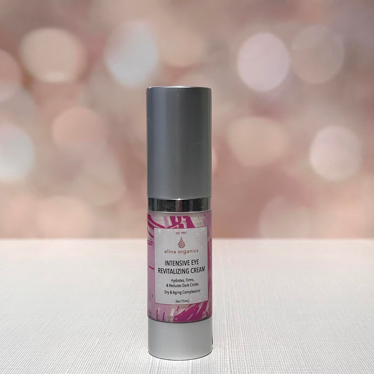 Elina Organics' Intensive Eye Revitalizing Cream with a sparkly background
